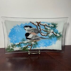 Peggy Karr Chickadees 10 Inch Decorative Fused Glass Tray Lovely Winter Setting